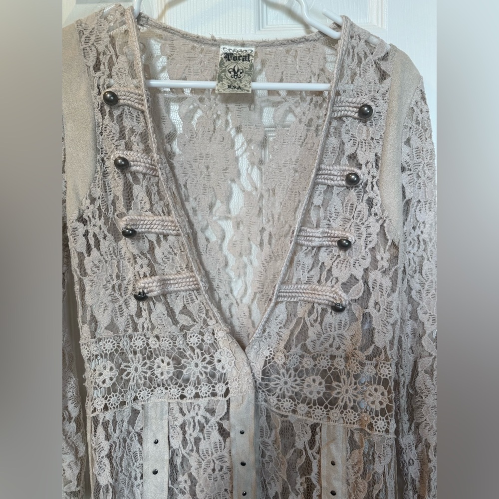 Vocal Cream Lace Cardigan Studded with Suede Accents Military Inspired Size - Picture 7 of 10